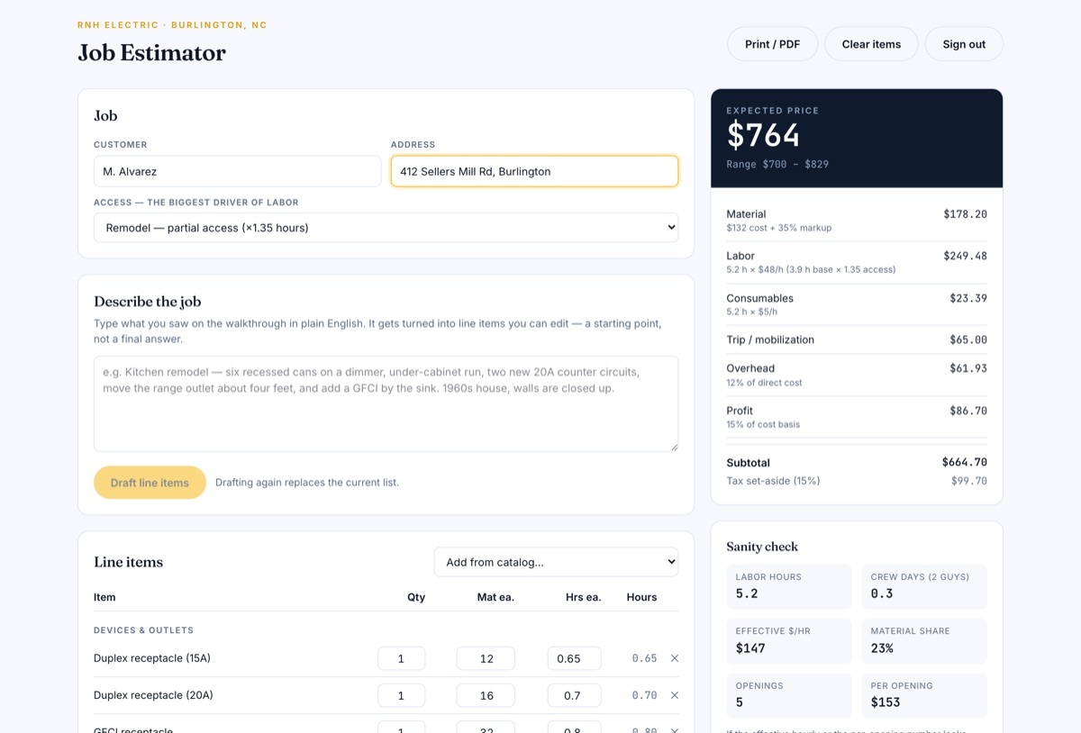 RNH Electric job estimator